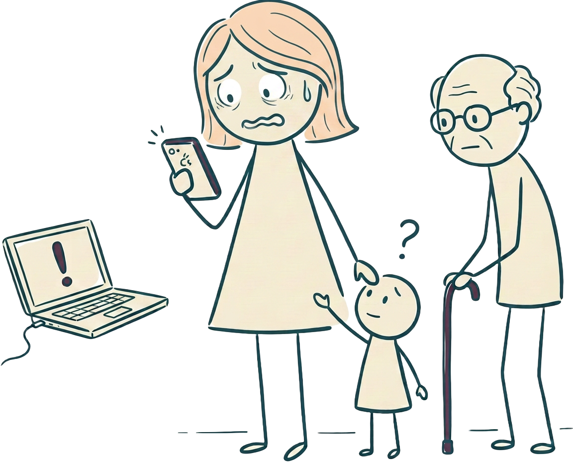 Stick-figure illustration of an overwhelmed caretaker checking her phone between work, a child, and an aging parent